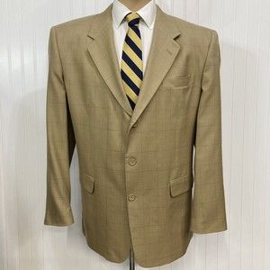 ADOLFO Blazer Men 44 Sport Coat Khaki Tan Windowpane Plaid Silk Wool Jacket 44L